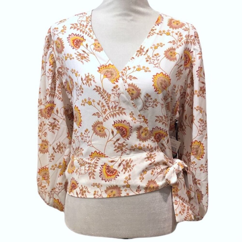 1. State Cream Floral Wrap Blouse with Yellow & Orange Accents